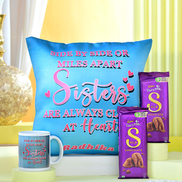 Personalized Mug and Cushion Cadbury Silk Chocolates for Best Sister