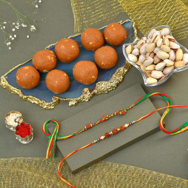 2 Rakhi With Besan Laddu And Pistachios