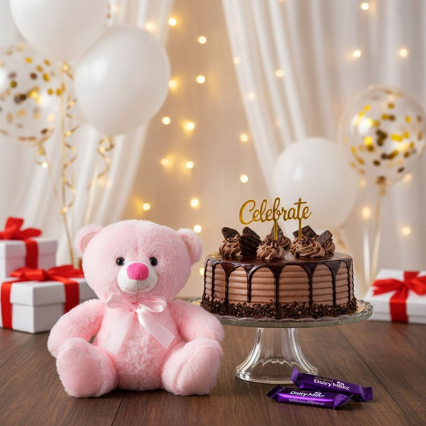 Mississippi Baked Cake with Pink Teddy, Chocolates & Balloons