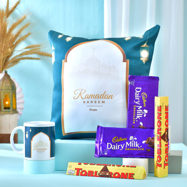 Personalized Ramadan Cushion and Mug with Chocolates