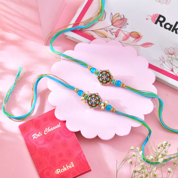 Twin Mandala Design Rakhis with Colorful Threads