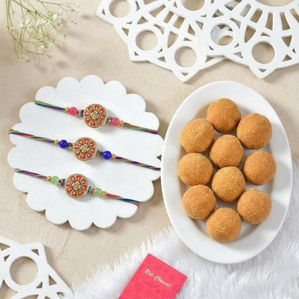 Set of 3 Ethnic Rakhi with Besan Laddoo