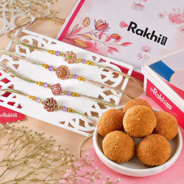 Elegant Multicolor Traditional Rakhi Set with Besan Laddoo