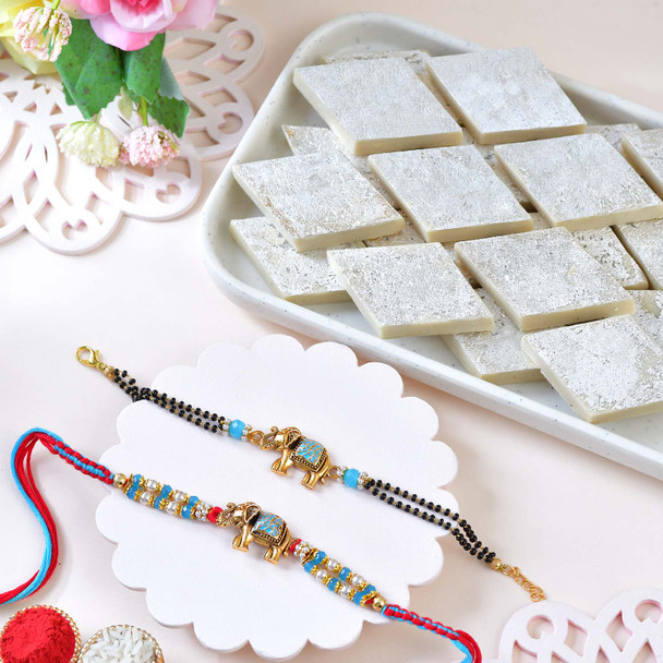 Royal Elephant Rakhi & Bracelet Combo with Kaju Katli