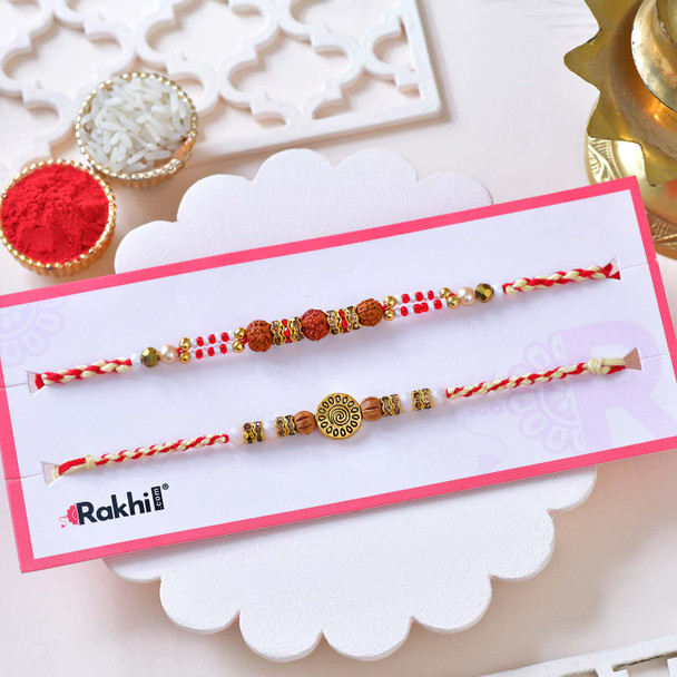 Sacred Rudraksha & Spiral Charm Rakhi Set
