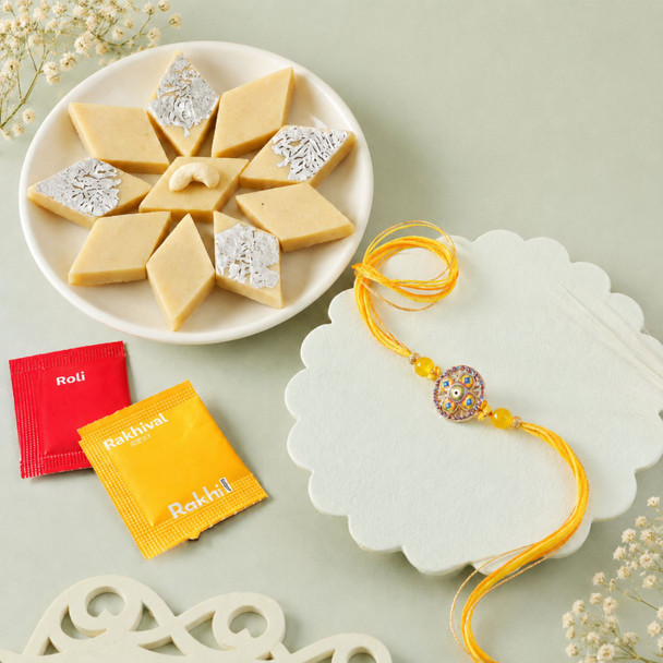 Elegant Metallic Rakhi With Kaju Katli