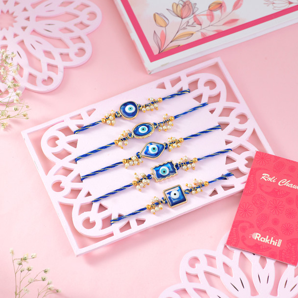 Set of 5 Evil Eye Rakhi with Kaju Katli