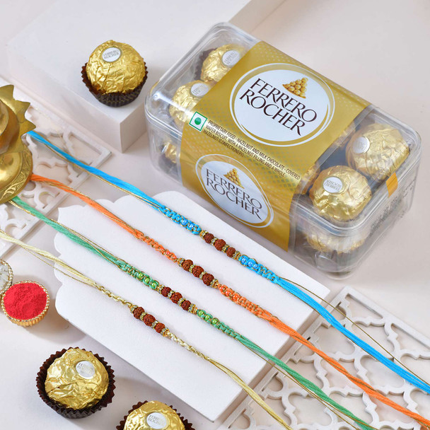Set of 4 Colorful Rudraksha Rakhi Collection with Ferrero Rocher