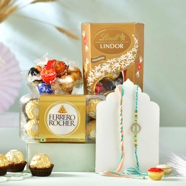 Attractive Two Rakhi with Ferrero Rocher and Lindor Assortment Chocolates