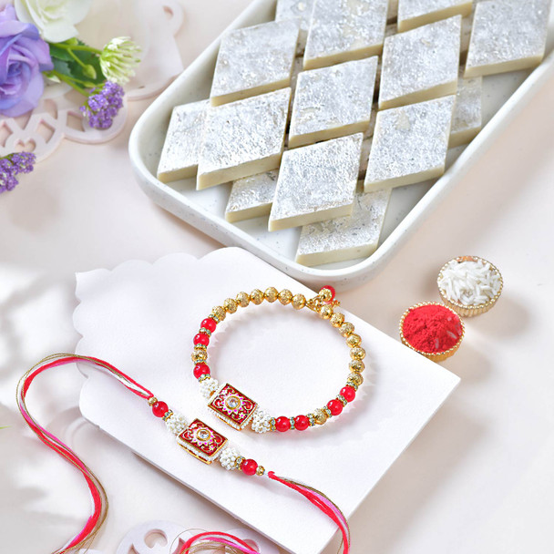 Royal Red Bhaiya Bhabhi Rakhi With Kaju Katli