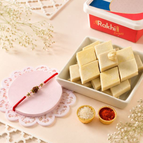 Rudraksha Rakhi & Kaju Katli Sweet