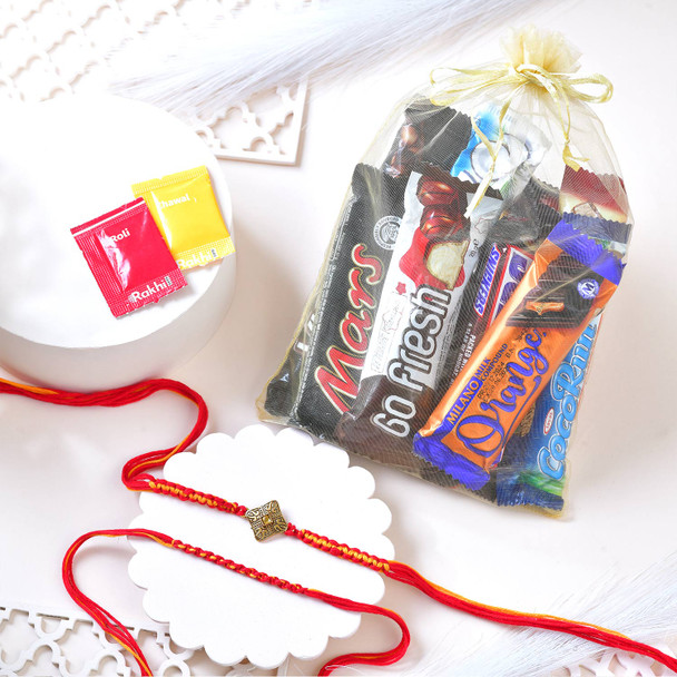 Imported Chocolate with Mauli & Golden Floral Rakhi Set