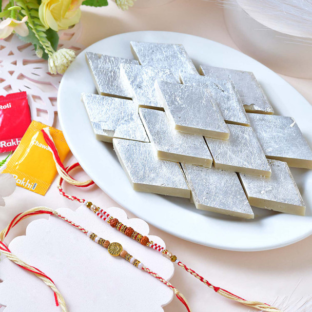 Kaju Katli Sweet with Rudraksha & Aesthetic Golden Rakhis Set