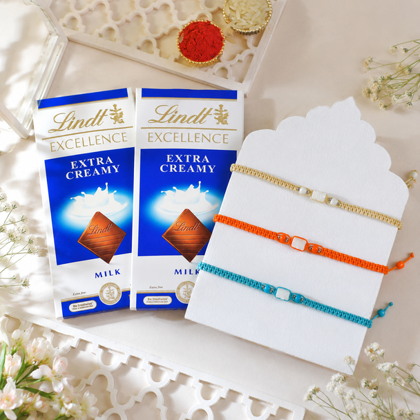 Vibrant Rakhi Trio Set with Lindt Choco Delights