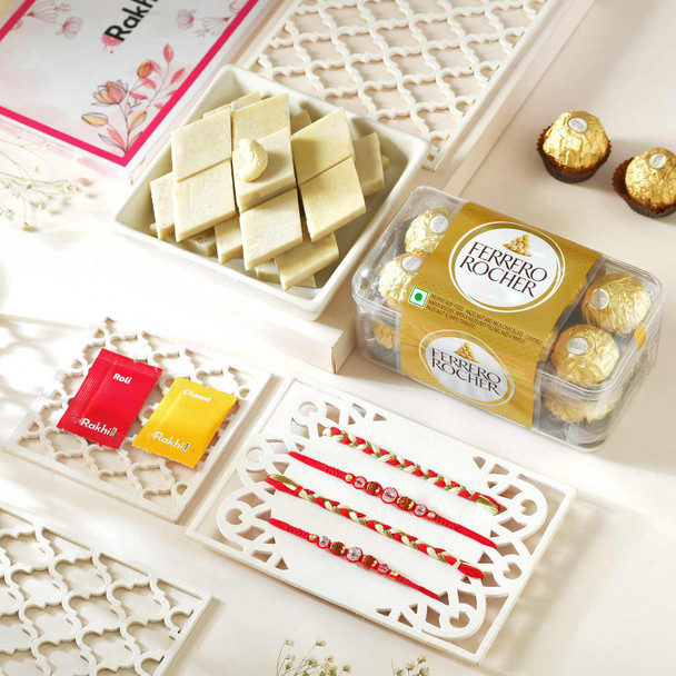 Set of Four Rakhi with Sweet & Rocher Combo