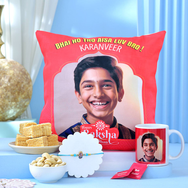 Personalized Rakhi Gift Set with Ganesha Rakhi, Sweets & Dry Fruits