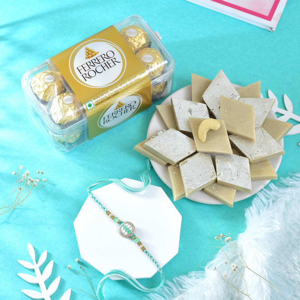 Turquoise Designer Rakhi With Kaju Katli And Ferrero Rocher