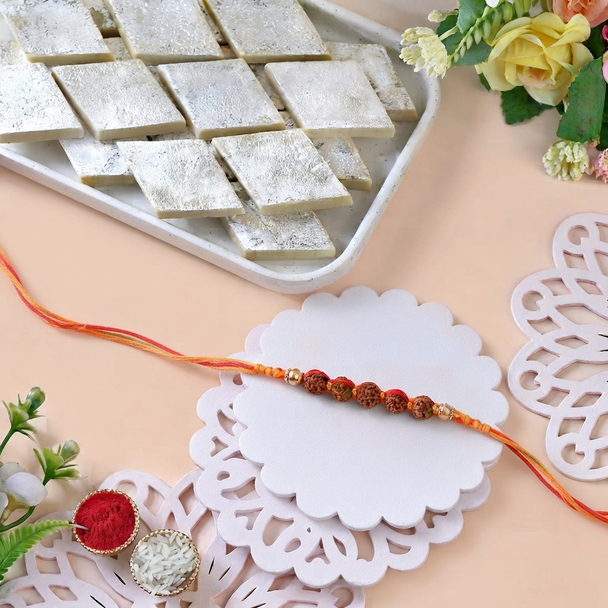 Kesariya Rudraksh Rakhi With Kaju Katli