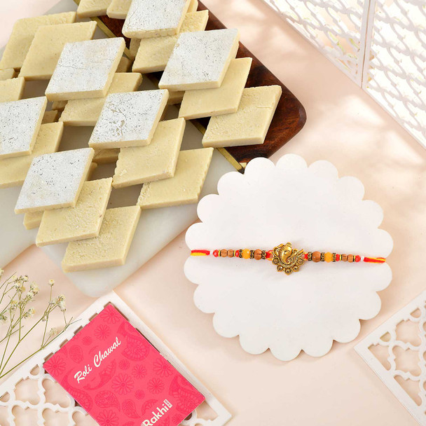 Golden Ganesha Rakhi With Kaju Katli