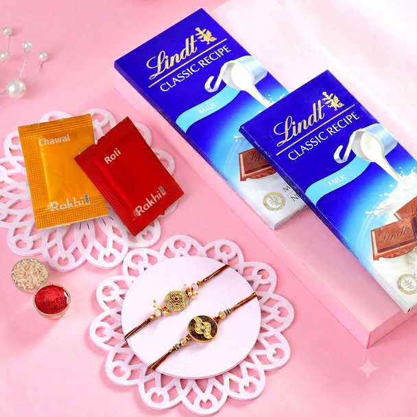 Golden Brown Rakhi Set With Lindt Chocolates