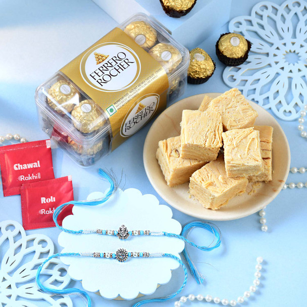 Ganesha & Om Rakhi Premium Sweet with Rocher Gift Combo