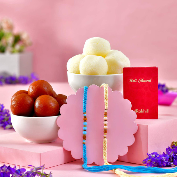 Two Hand Crafted Rakhi Traditional Sweet Hamper