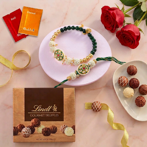 Golden Green Bhaiya Bhabhi Rakhi With Lindt Truffle Box