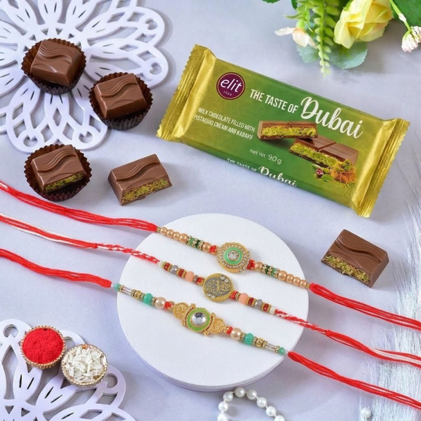 Premium Rakhi Trio with Elit Dubai Chocolate Gift Set
