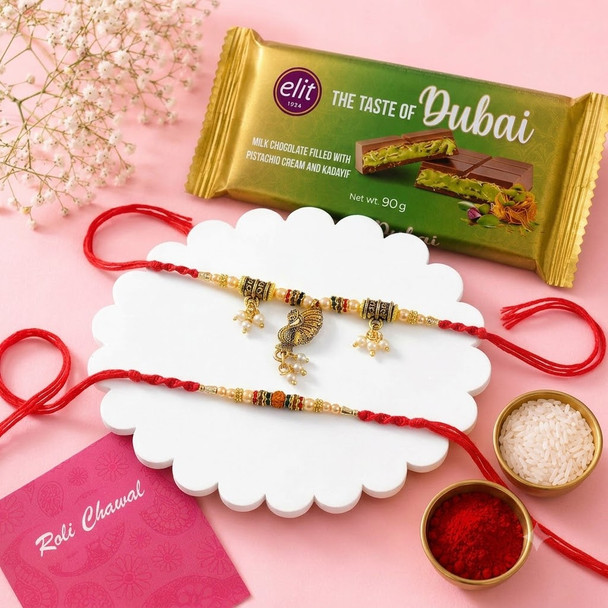 Peacock & Rudraksha Designer Rakhi Set with Dubai Chocolate Combo