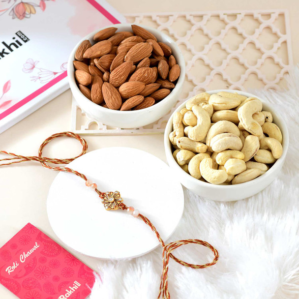 Traditional Golden Flower Rakhi With Assorted Dryfruits