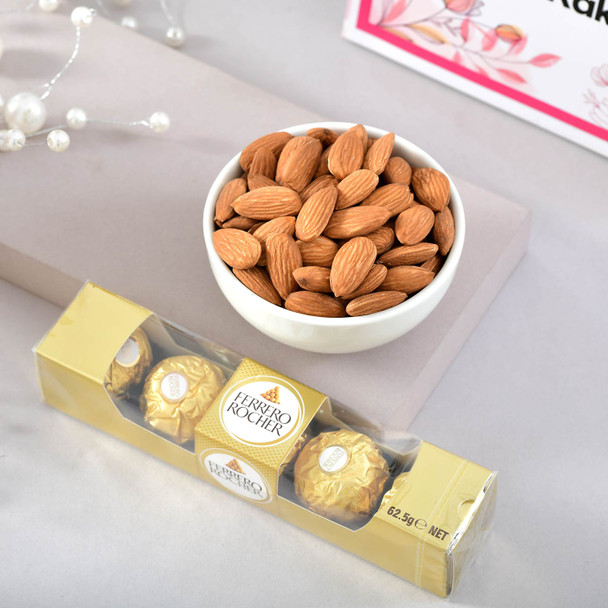 Traditional Golden Flower Rakhi With Almond & Ferrero