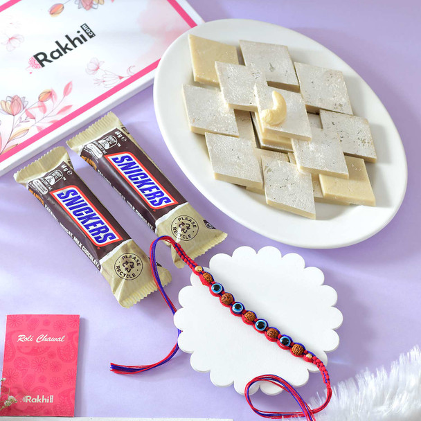 Evil Eye Protection Rudraksha Rakhi with Kaju Katli & Snickers