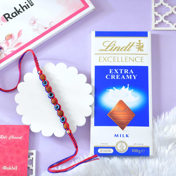 Evil Eye Protection Rudraksha Rakhi with Lindt Extra Creamy Milk Chocolate