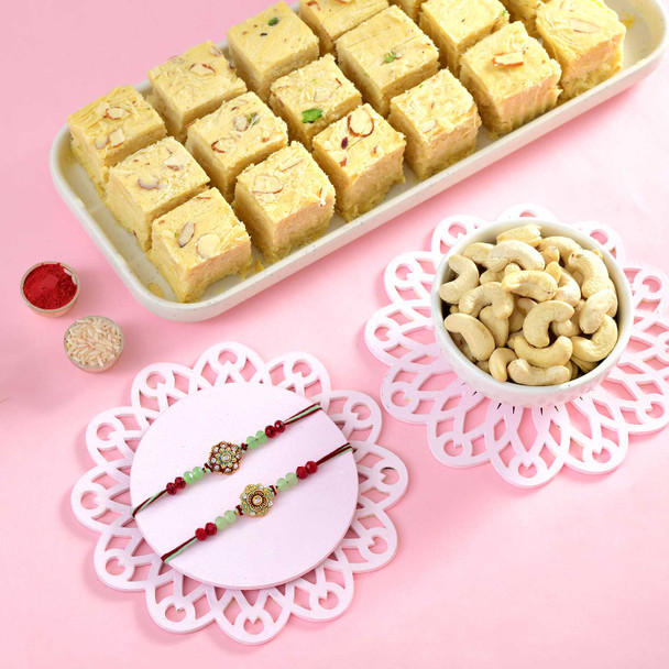Green Beaded Flower Rakhi with Soan Papdi & Cashew
