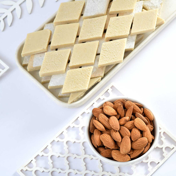 Designer Flower Green Rakhi Set with Kaju katli & Almond