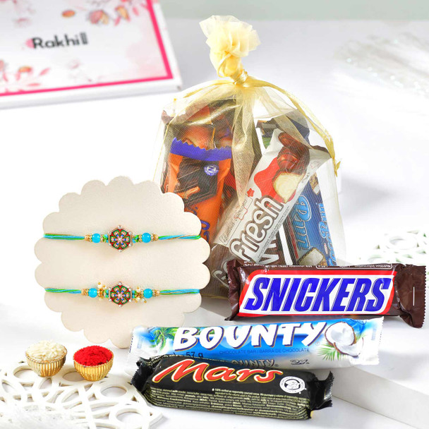Two Designer Blue Rakhi Mix Choco Hamper
