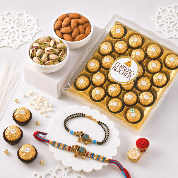 Royal Gajraj Bhaiya Bhabhi Rakhi Set and Chocolate & Nut Combo