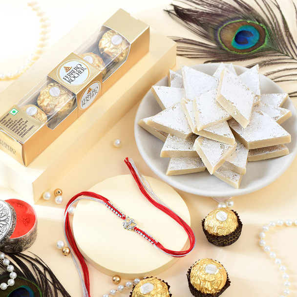 Shree Ganesha Pure Silver Rakhi Sweet and Chocolate Combo