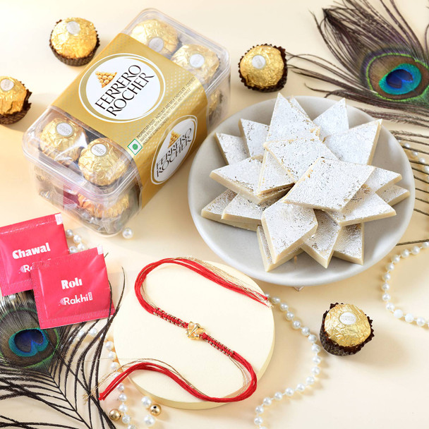 Gold Plated Shubh Ganesh Rakhi with Kaju Katli & Ferrero Rocher Combo