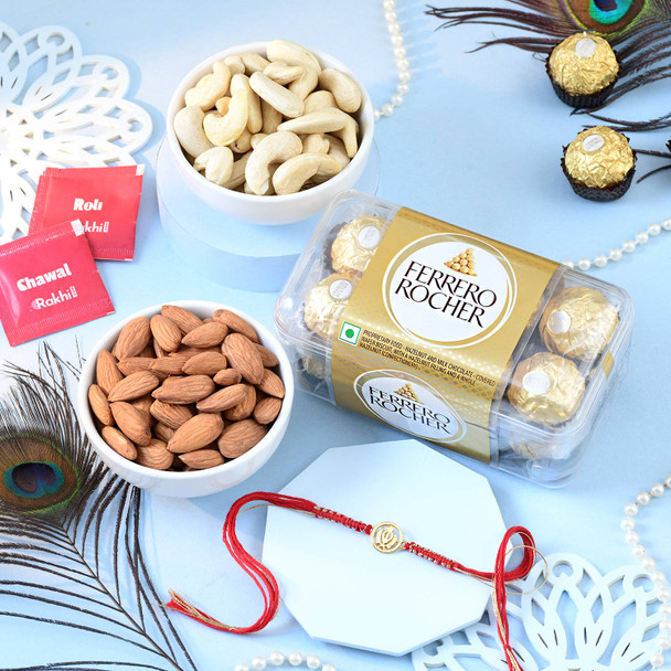 Premium Gold Plated Khanda Rakhi with Ferrero Rocher & Dry Fruits