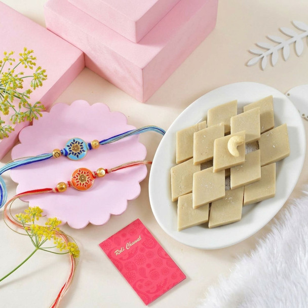 Two Fancy Rakhi and Kaju Katli Delight