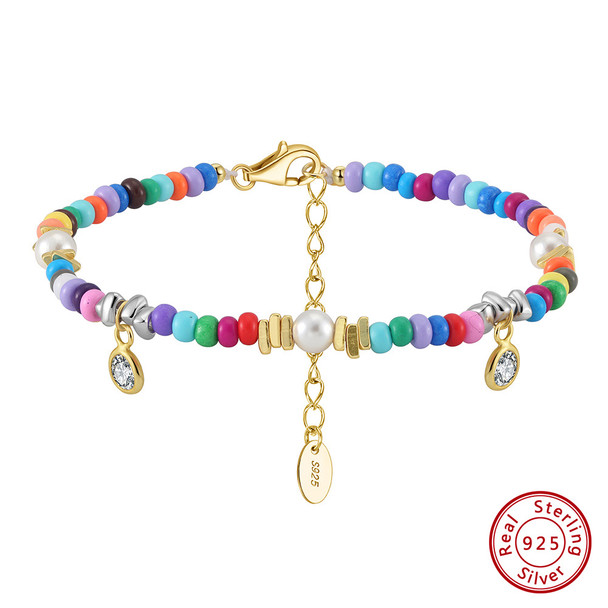 925 Sterling Silver Multicolor Shell Pearl Beaded Bracelet