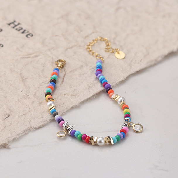925 Sterling Silver Multicolor Shell Pearl Beaded Bracelet