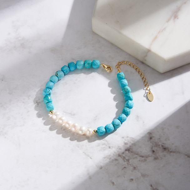 925 Sterling Silver Turquoise & Freshwater Pearl Bracelet
