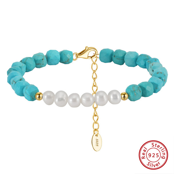 925 Sterling Silver Turquoise & Freshwater Pearl Bracelet