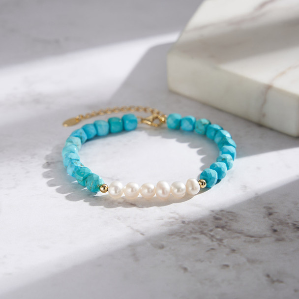 925 Sterling Silver Turquoise & Freshwater Pearl Bracelet