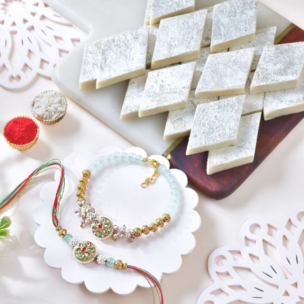 Bhaiya Bhabhi Meenakari Rakhi Set with Kaju Katli