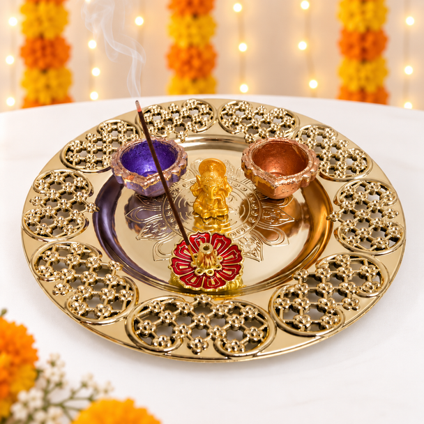Decorative Pooja Thali With Mini Ganesha And Diyas