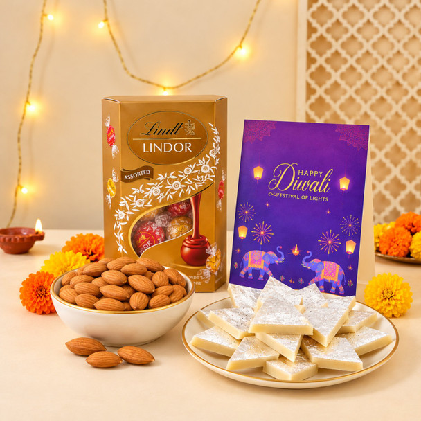 Assorted Lindor Chocolates with Kaju Katli and Almonds Diwali Gift Hamper