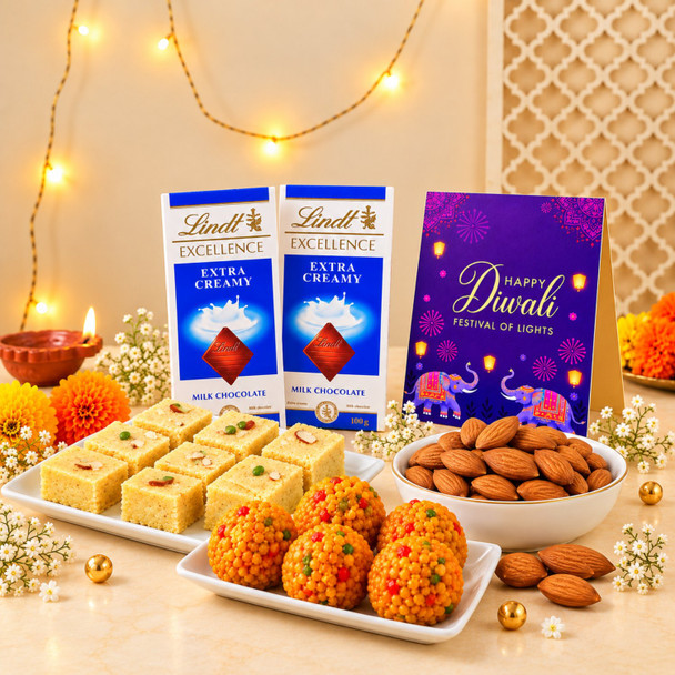 Traditional Indian Sweets with Lindt Chocolates and Almonds for Diwali Gift